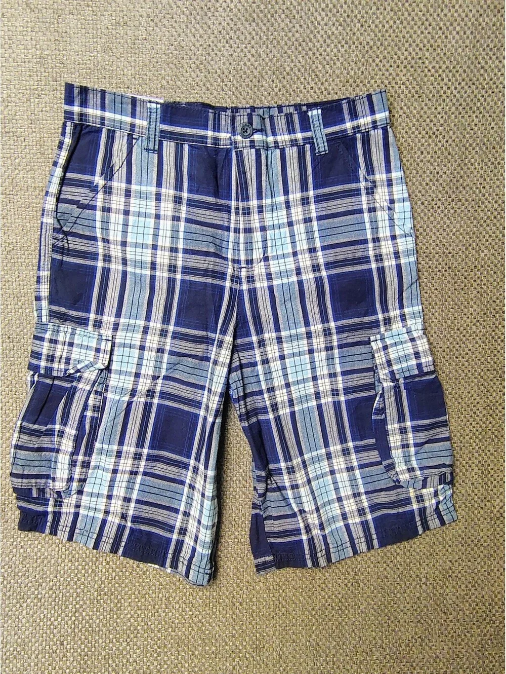 NWT Tommy Hilfiger Boys Shorts Size 18 Blue Plaid Cargo Casual Kids New MSRP $36